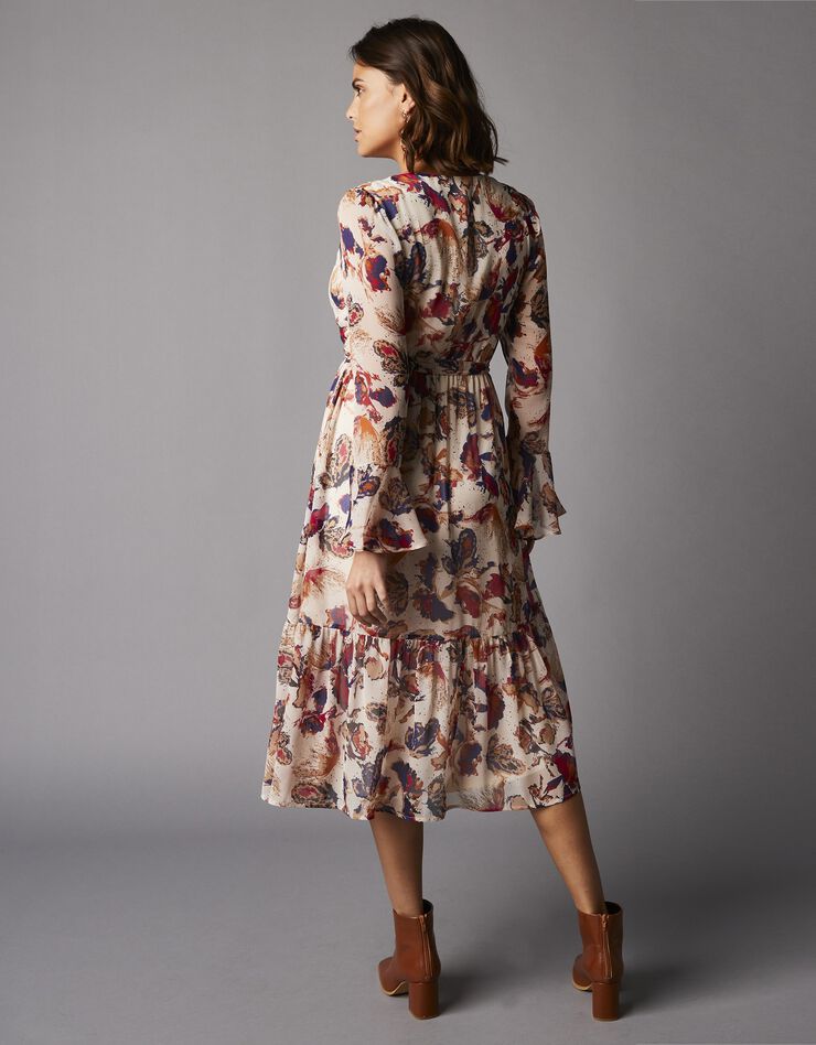Robe imprimée en voile nouée à la taille, finition volantée (écru / framboise)