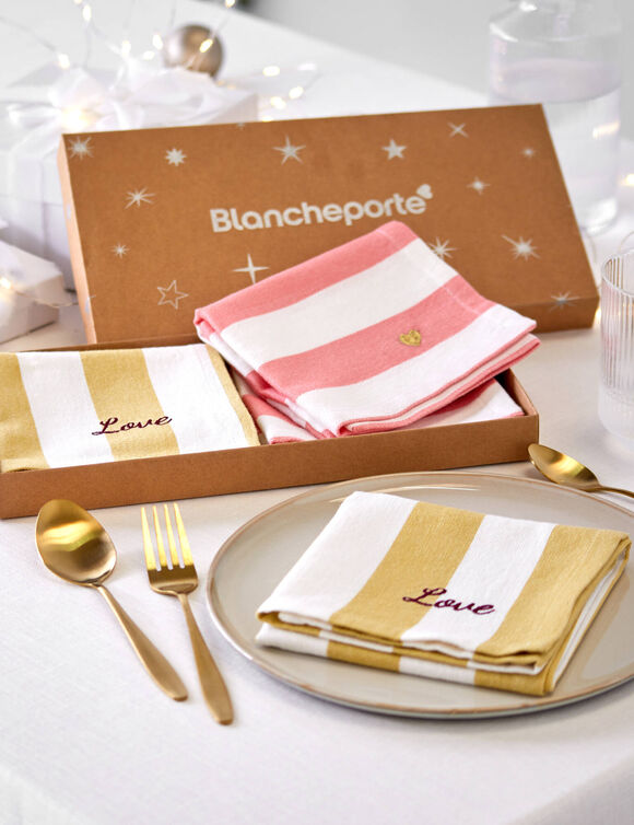 Coffret de 4 serviettes de table en coton, brod&eacute;es (rose + jaune)