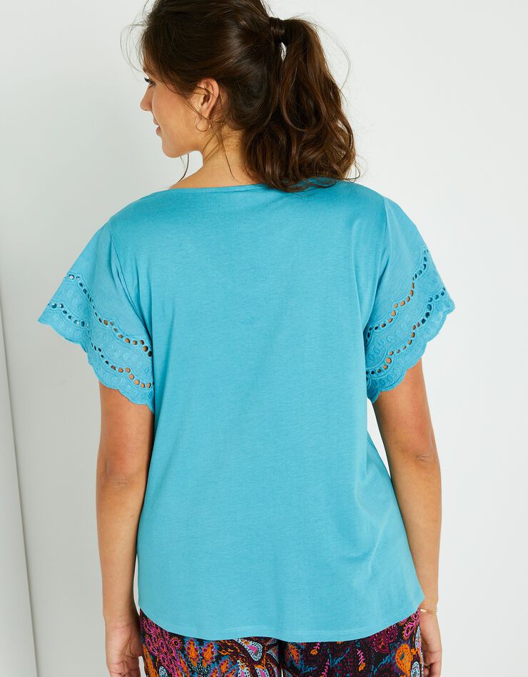 Tee-shirt manches courtes broderie anglaise (bleu) Tee-shirt manches courtes broderie anglaise (bleu)