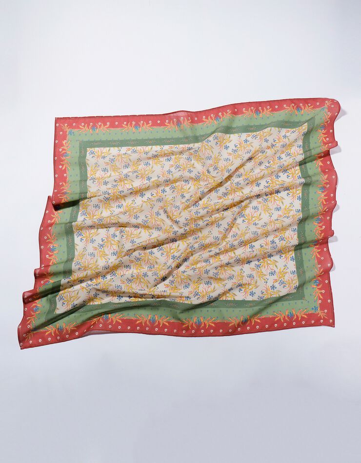 Foulard fabriqué en France imprimé fleurs, 100 x 100 cm  - coton (écru / vert amande)