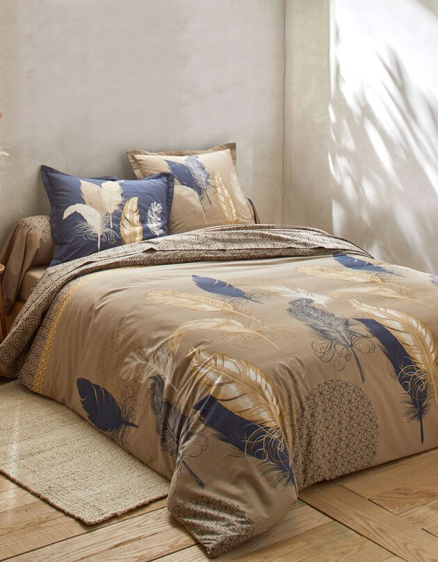 Linge de lit Pauline en coton imprimé plumes (beige)