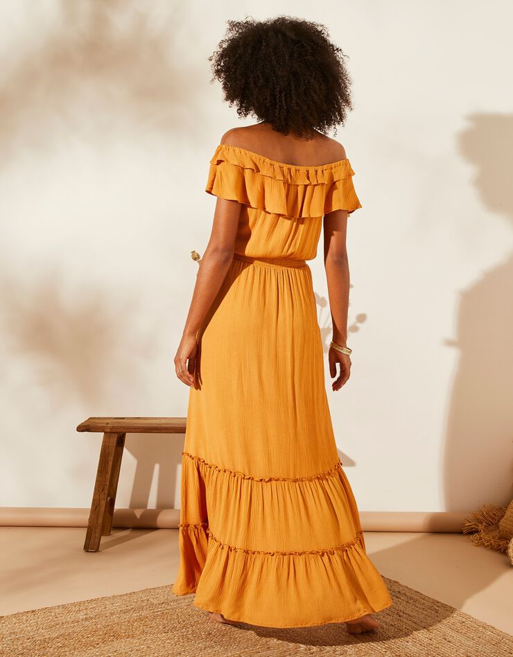 Robe longue volantée, décolleté élastique (ocre) Robe longue volantée, décolleté élastique (ocre)
