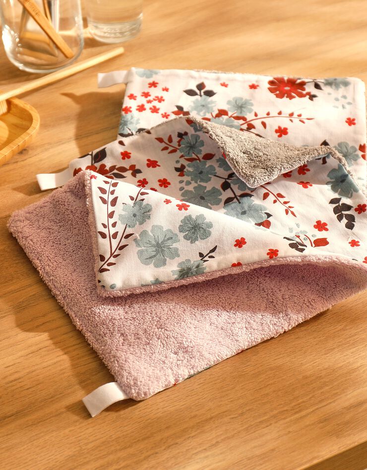 Grand carré "débarbouillette", lot de 3 - collection upcycling (gris/parme) Grand carré "débarbouillette", lot de 3 - collection upcycling (gris/parme)