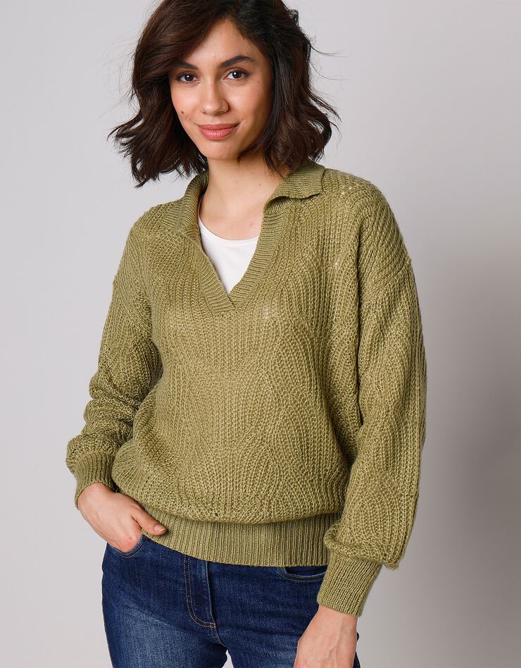 Pull manches bouffantes - col polo (vert mousse) Pull manches bouffantes - col polo (vert mousse)