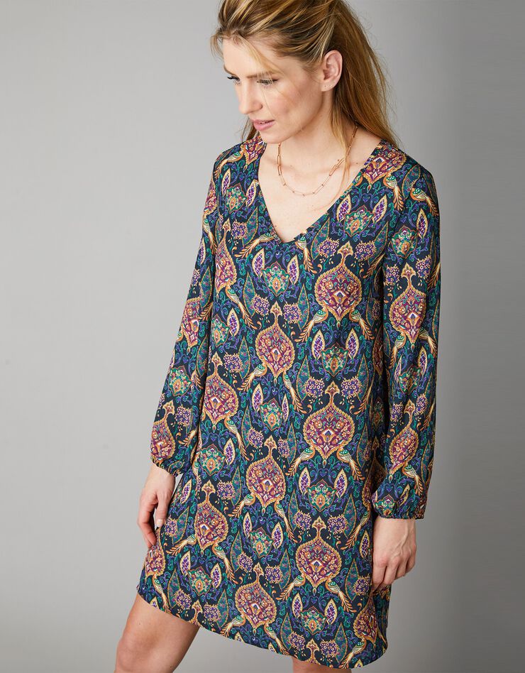 Robe en crêpe imprimé façon cachemire (noir / multicolore) Robe en crêpe imprimé façon cachemire (noir / multicolore)