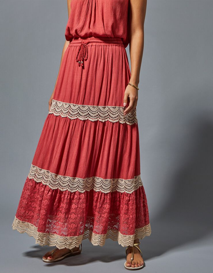 Jupon long macramé taille élastiquée (bois de rose) Jupon long macramé taille élastiquée (bois de rose)