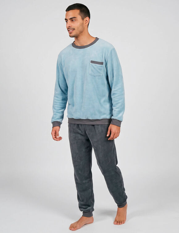 Pyjama pantalon bicolore maille polaire manches longues (bleu)