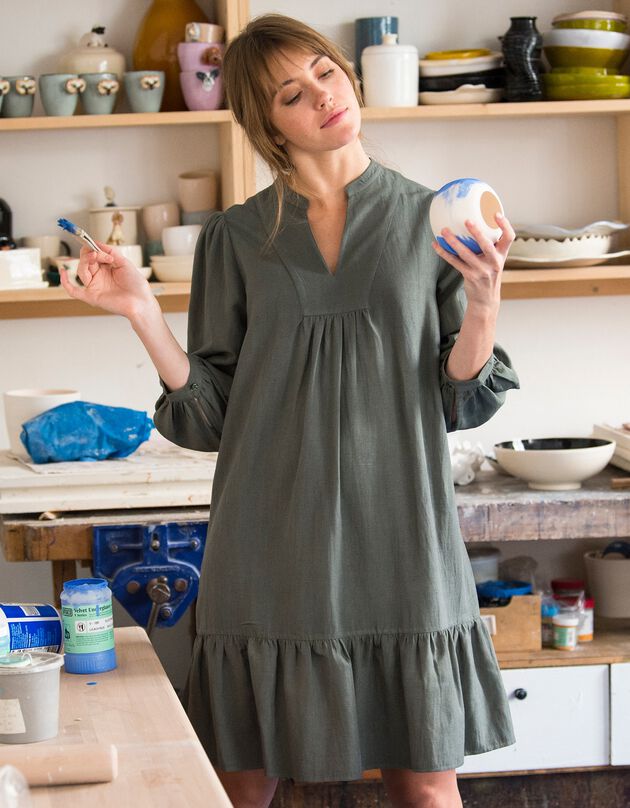 Robe manches 3/4 volantée viscose-lin (kaki)