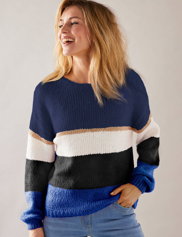 Pull col rond rayé, toucher doux (marine / écru)