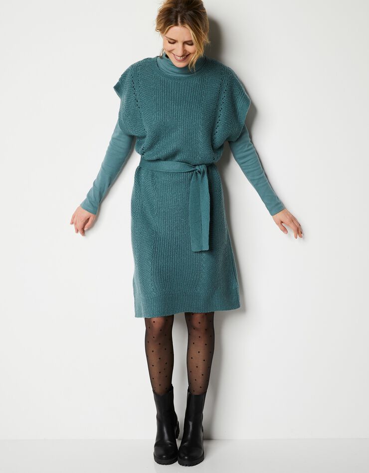 Robe manches courtes ceinturée - toucher mohair (vert grisé) Robe manches courtes ceinturée - toucher mohair (vert grisé)