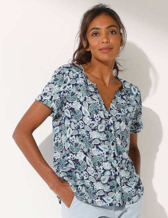 Chemisier imprim&eacute; ethnique, manches courtes (marine / bleu)