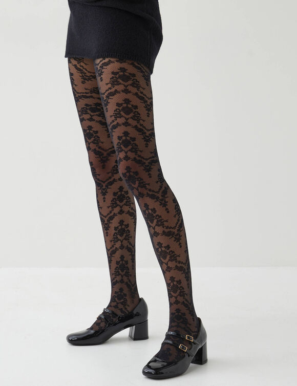 Collants motifs fine r&eacute;sille et dentelle fleurie - lot de 2 (noir)