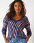 Pull V maille fantaisie, rayures graphiques (indigo / multicolore)