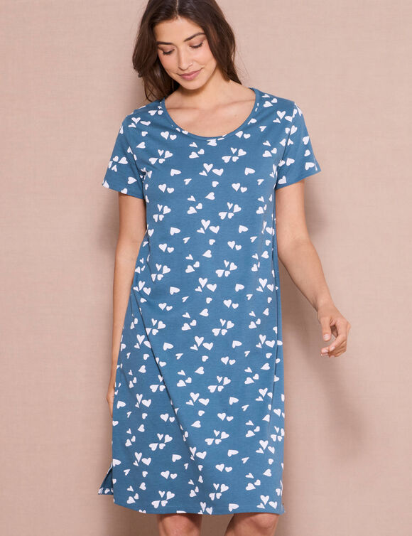 Chemise de nuit courte imprim&eacute;e "c&oelig;urs" (&eacute;meraude / blanc)
