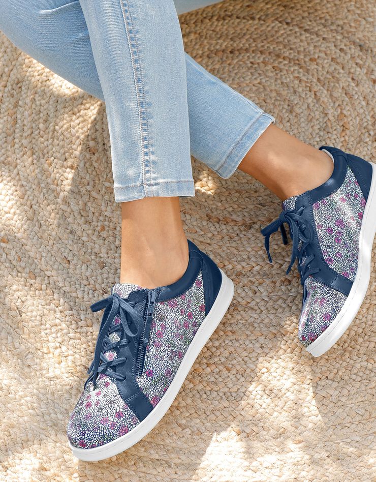 Tennis zippées imprimées en cuir - marine fleuri (bleu)