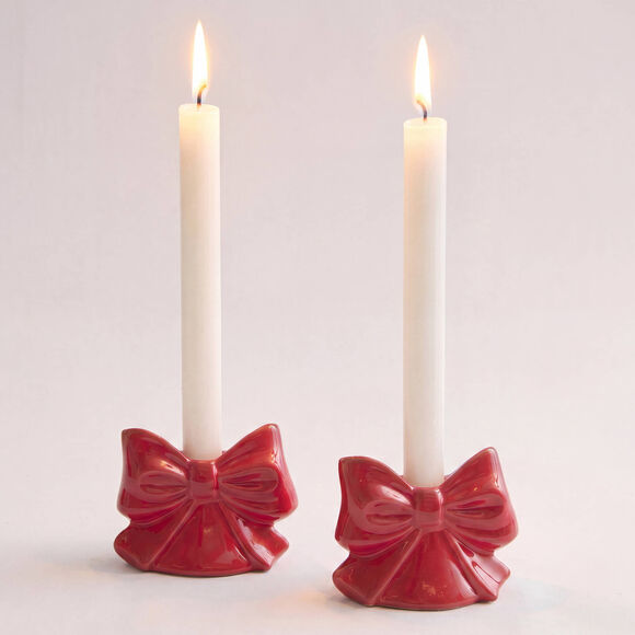 Bougeoir forme "n&oelig;ud" en c&eacute;ramique - lot de 2 (rouge)