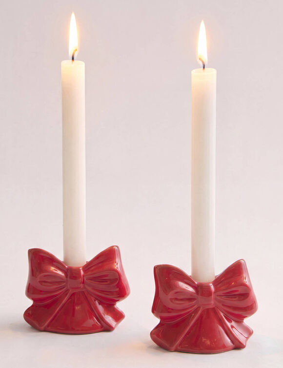 Bougeoir forme "n&oelig;ud" en c&eacute;ramique - lot de 2 (rouge)