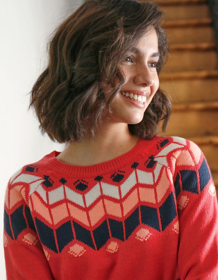 Pull décolleté jacquard (corail / marine) Pull décolleté jacquard (corail / marine)
