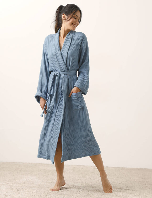 Peignoir uni en triple gaze de coton  (bleu)