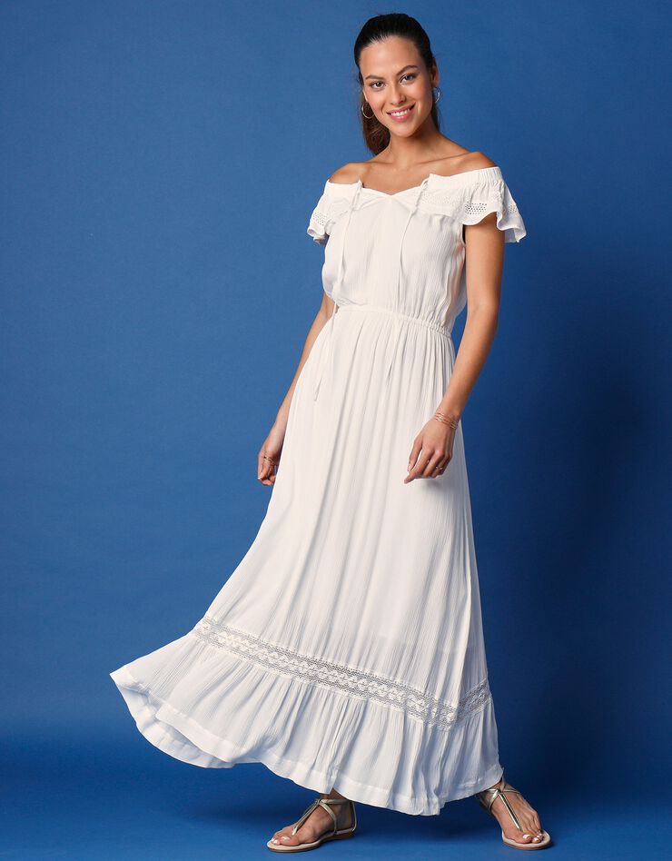 Robe longue à encolure volantée (blanc)