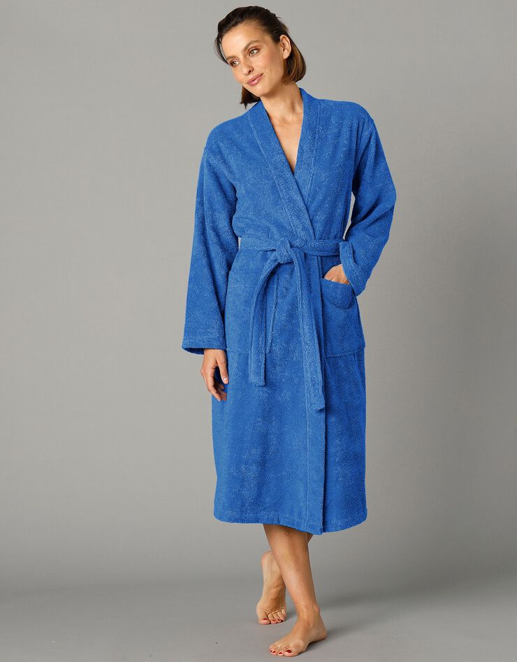 Peignoir mixte adulte col kimono éponge bouclette  (bleu dur)