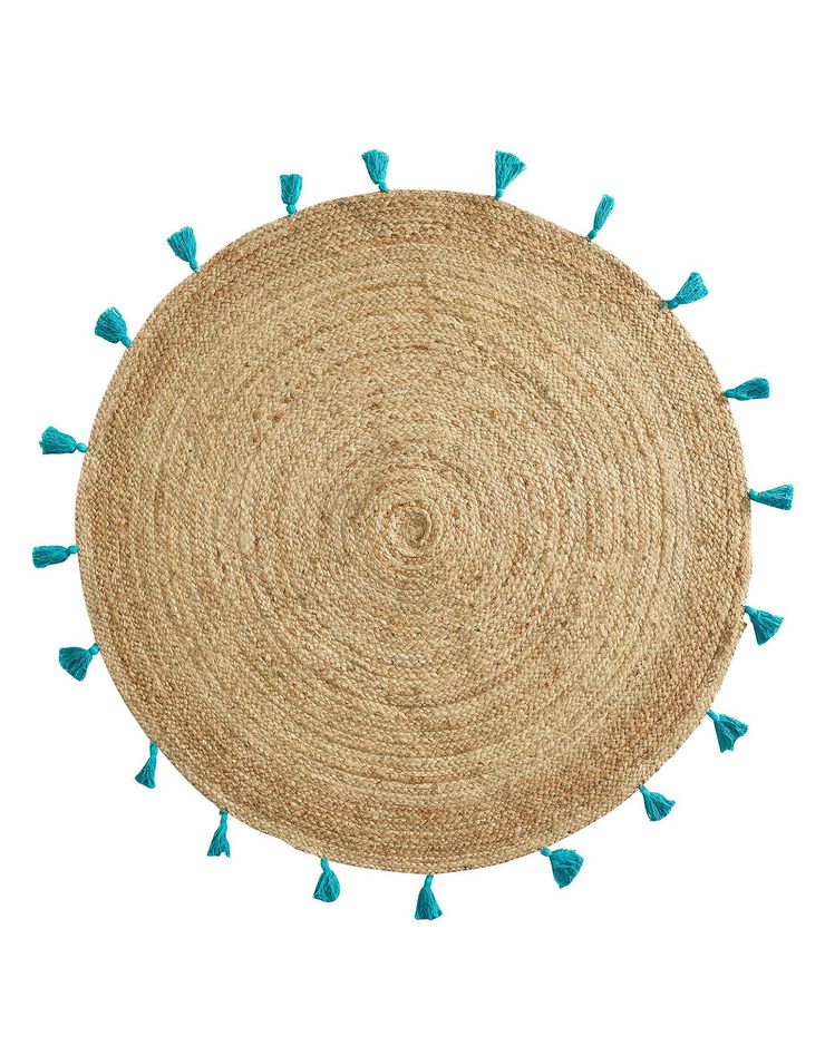 Tapis rond en jute avec pompons de couleur (turquoise)
