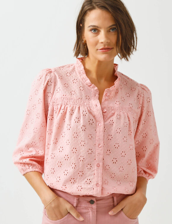 Chemisier broderie anglaise, smocks et col volant&eacute; (rose)