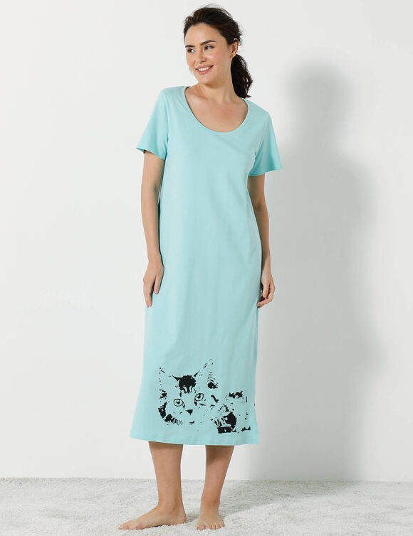 Chemise de nuit longue imprimé chat - lot de 2 (céladon / bleu)