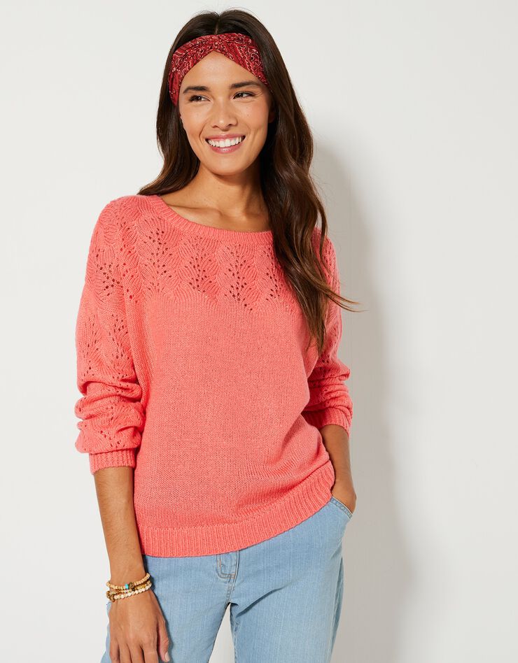Pull manches longues blousantes, maille ajourée toucher mohair (corail) Pull manches longues blousantes, maille ajourée toucher mohair (corail)