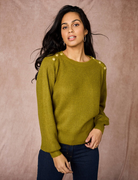 Pull à boutons dorés, maille anglaise (vert mousse)