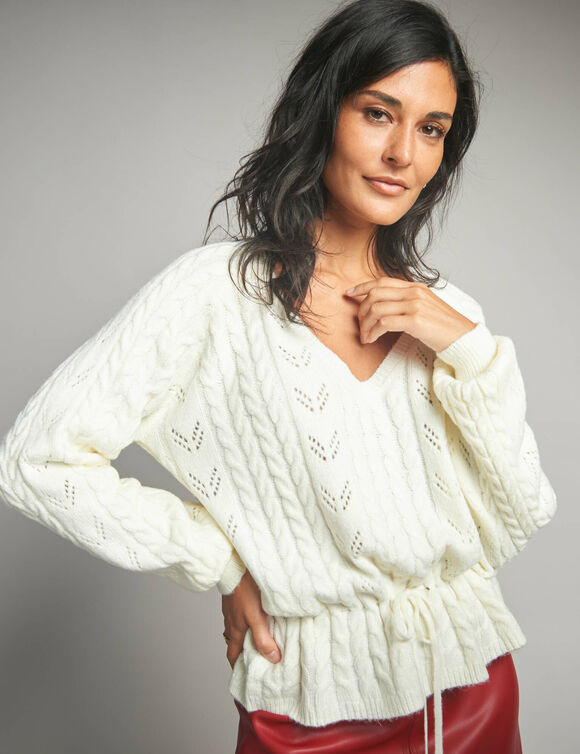 Pull col V maille fantaisie (écru)