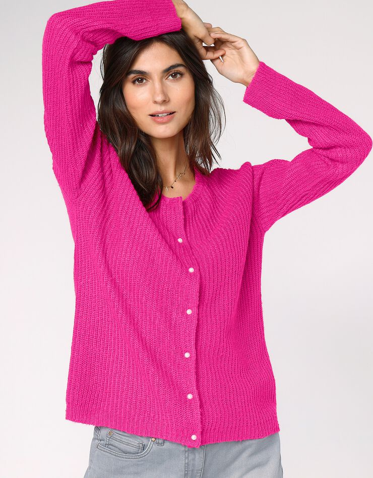 Cardigan boutons façon perles, maille anglaise (rose)