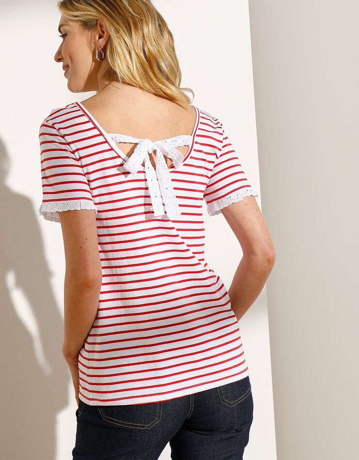 Tee-shirt rayé brodé dos noué (blanc / rouge) Tee-shirt rayé brodé dos noué (blanc / rouge)