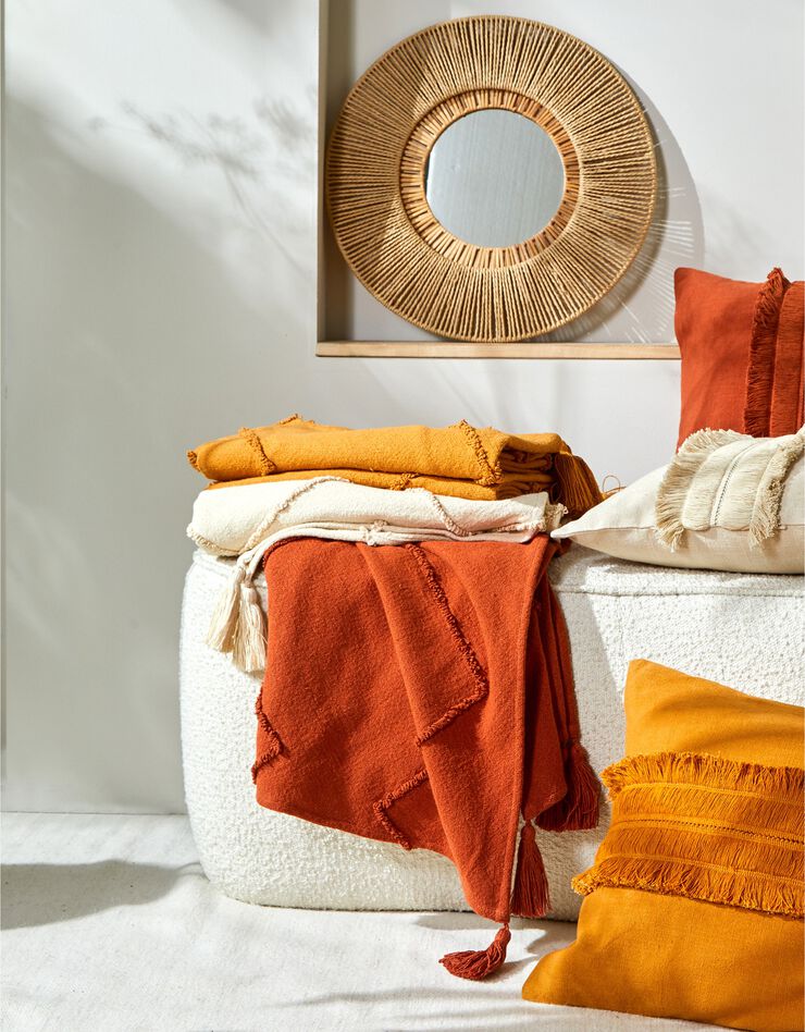 Plaid en coton tufté finition pompons (ocre)