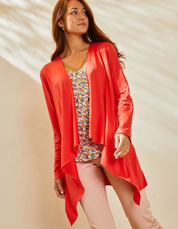 Gilet à pans manches longues, maille fluide (corail) Gilet à pans manches longues, maille fluide (corail)