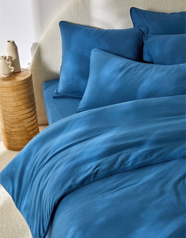 Linge de lit uni en jersey passepoilé coton (bleu)