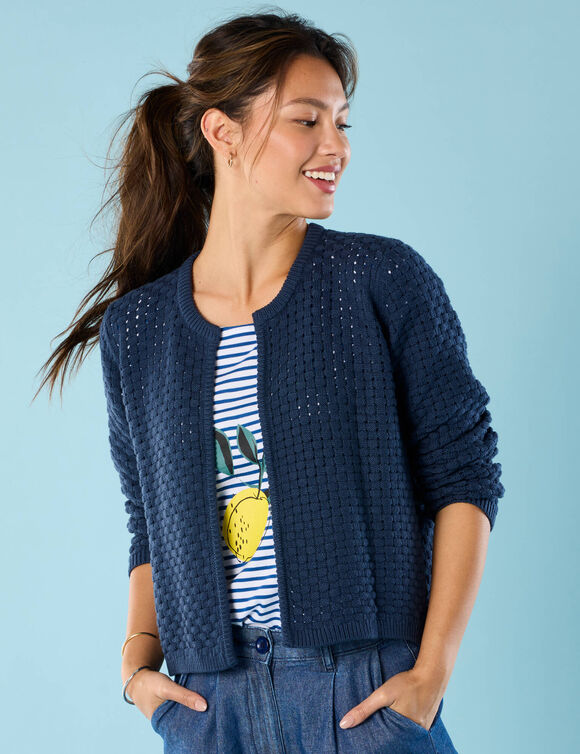 Gilet paletot maille fantaisie,  Spécial Petites (indigo)