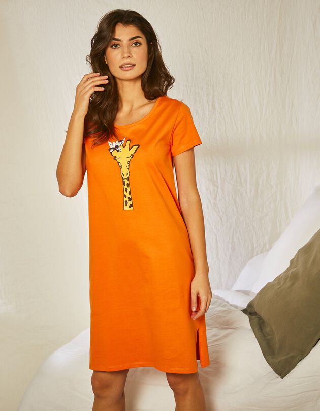 Chemise de nuit courte en coton motif Girafe manches courtes (orange) Chemise de nuit courte en coton motif Girafe manches courtes (orange)