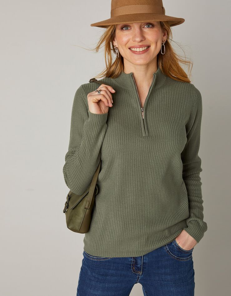 Pull col montant zippé maille côtelée (kaki) Pull col montant zippé maille côtelée (kaki)