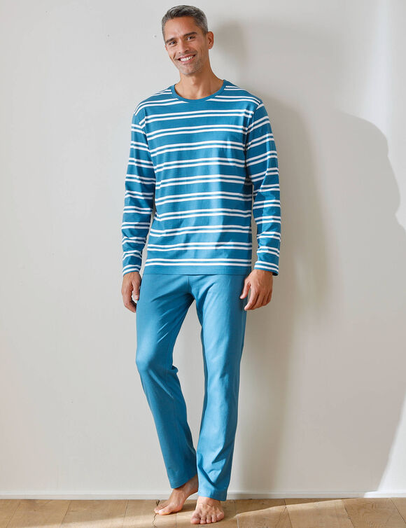 Pyjama coton rayé manches longues (bleu / blanc)