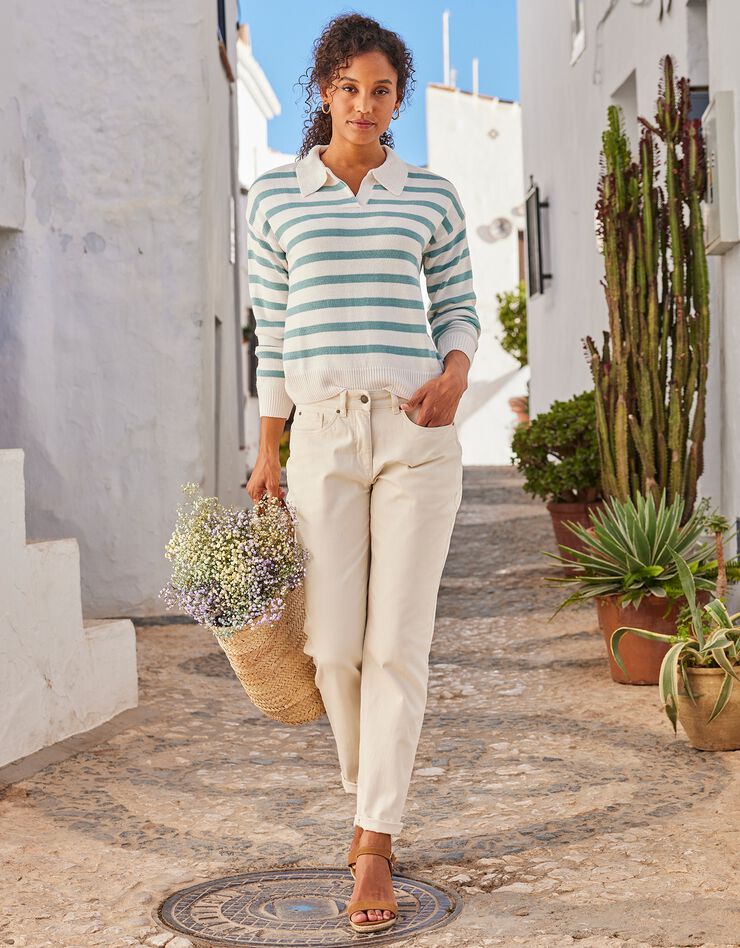 Pull col polo rayé (écru / vert)