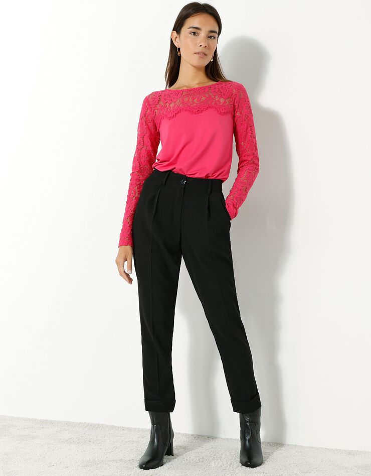 Tee-shirt col rond manches longues, dentelle jersey (framboise) Tee-shirt col rond manches longues, dentelle jersey (framboise)