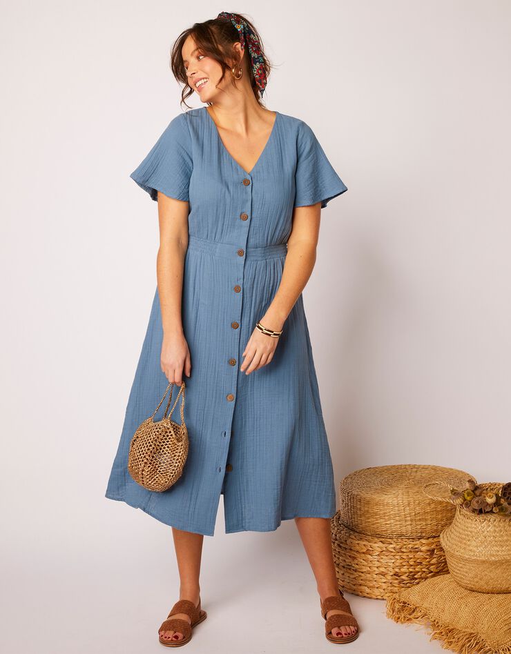 Robe longue boutonnée en gaze de coton (bleu grisé) Robe longue boutonnée en gaze de coton (bleu grisé)