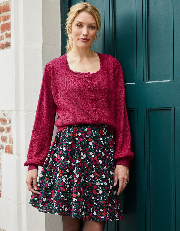 Cardigan boutonné col carré, maille ajourée toucher mohair (fuchsia) Cardigan boutonné col carré, maille ajourée toucher mohair (fuchsia)