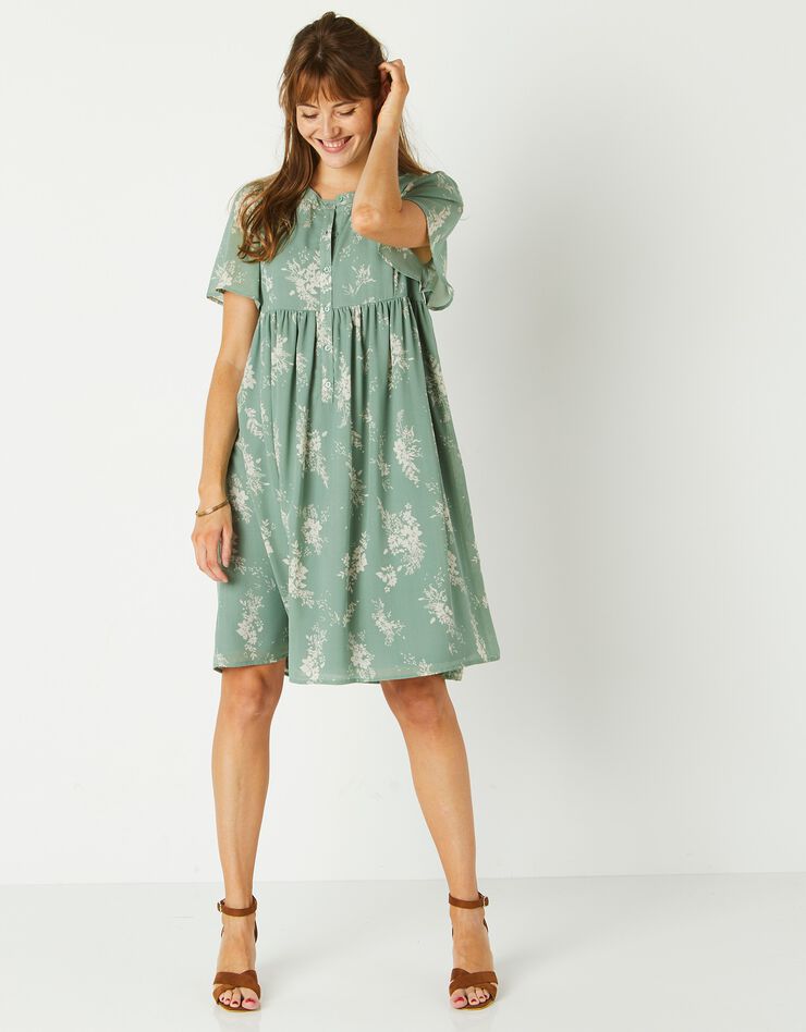 Robe évasée, voile imprimé bicolore (vert / écru)