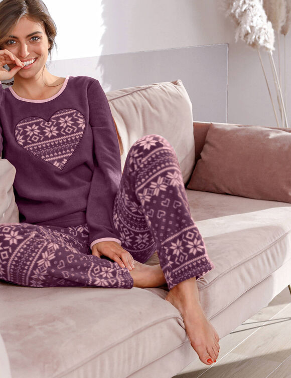 Pyjama pantalon imprimé coeur, maille polaire (prune)