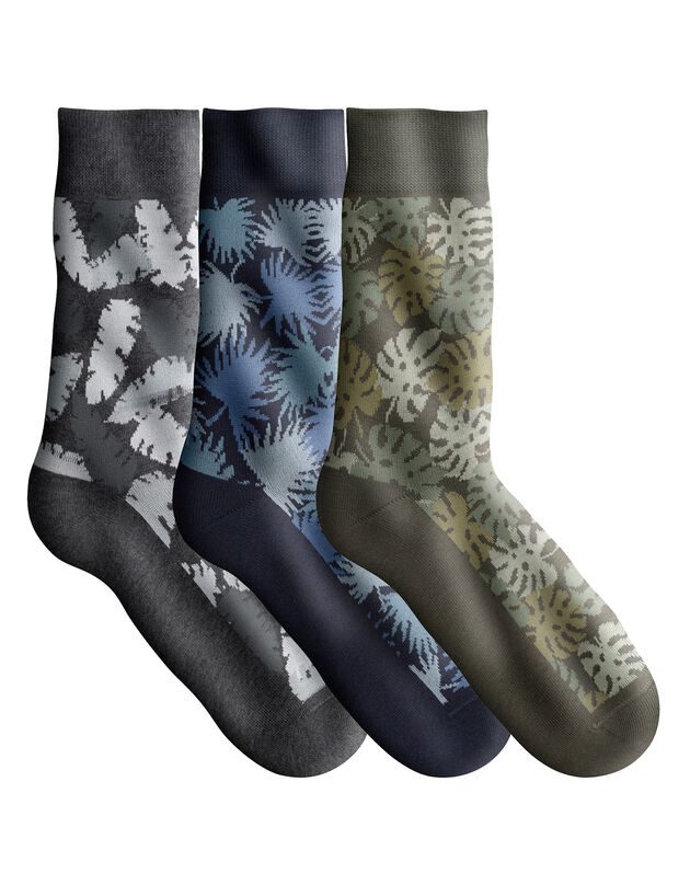 Mi-chaussettes motif feuillage - lot de 3 paires (gris + bleu + vert)
