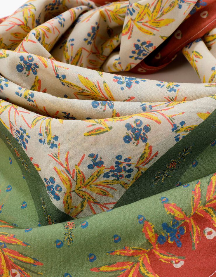 Foulard fabriqué en France imprimé fleurs, 100 x 100 cm  - coton (écru / vert amande)