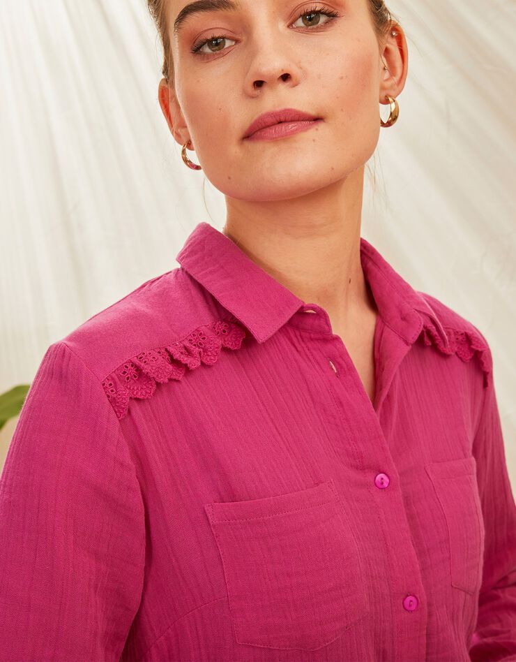 Chemise boutonnée broderie anglaise, gaze coton (rose indien) Chemise boutonnée broderie anglaise, gaze coton (rose indien)