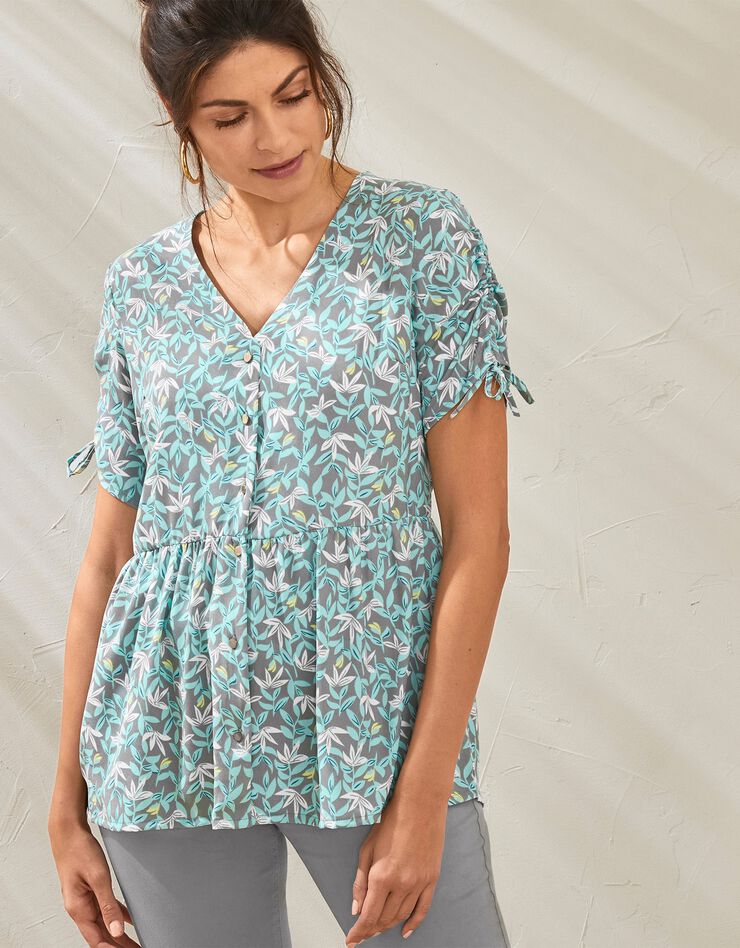 Blouse boutonnée imprimée (gris / turquoise) Blouse boutonnée imprimée (gris / turquoise)
